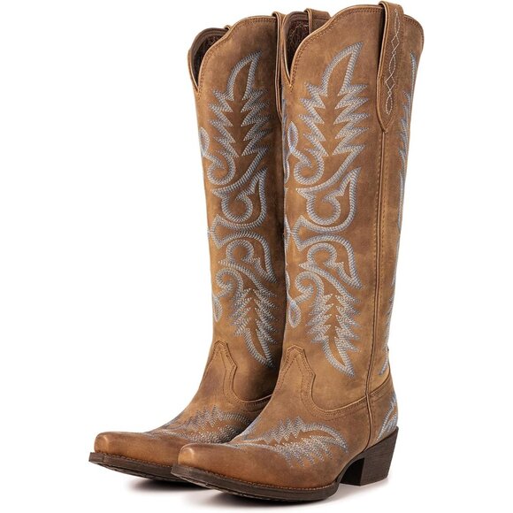 Women Chestnut Knee High Calf Cowgirl Boots Zippered Casual Boots Retro Pointed
